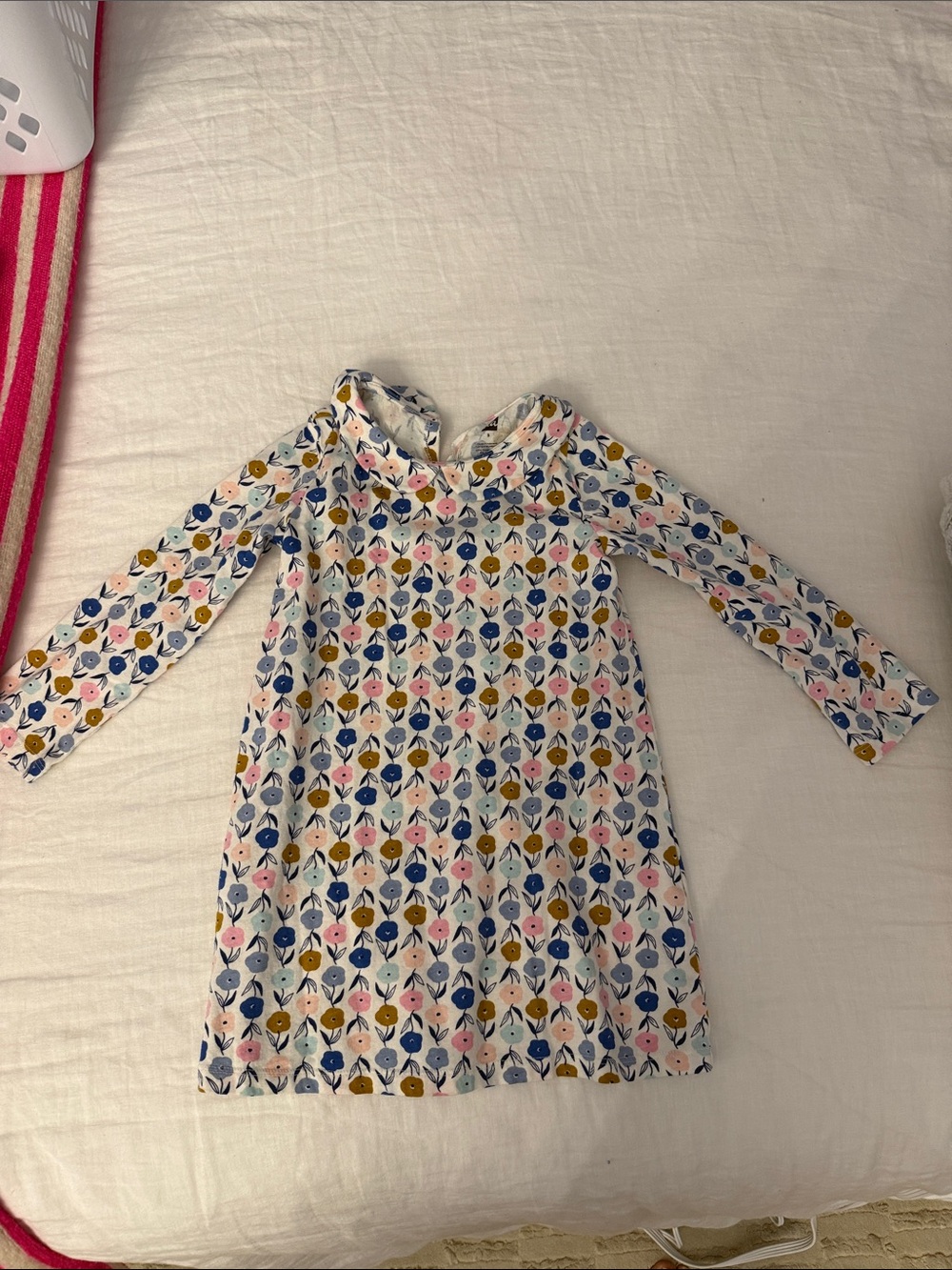 Tea Collection White Floral Long Sleeve Dress with Blue, Pink & Mustard